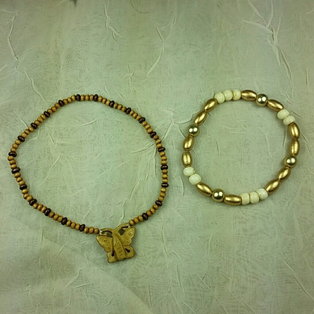 Vintage Hand-Carved Bone Butterfly Anklet Bracelet Set Wood Bead Boho Jewelry